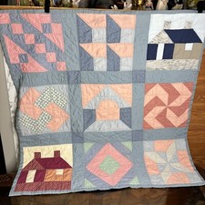 Country Patchwork Lap Throw Star Quilt Blanket Pink Blue Houses 41 X 41