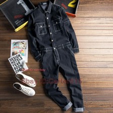 Mens Denim Jumpsuit Rompers Long Sleeve Jeans Coverall Overalls Pant Trousers