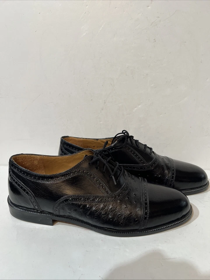 Stanley Blacker Men Black Ostrich Leather Captoe Laceup Shoes 9.5W Made In Italy - Image 3 of 4