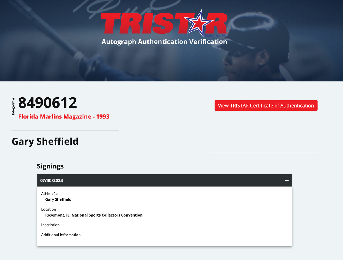 MLB Gary Sheffield サイン入ボール TRISTAR MLB Gary Sheffield サイン入ボール TRISTAR MLB Gary Sheffield