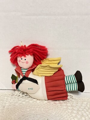 Folk Art Raggedy Doll Nautical Dress Angel Wings Christmas Ornament Yarn Hair