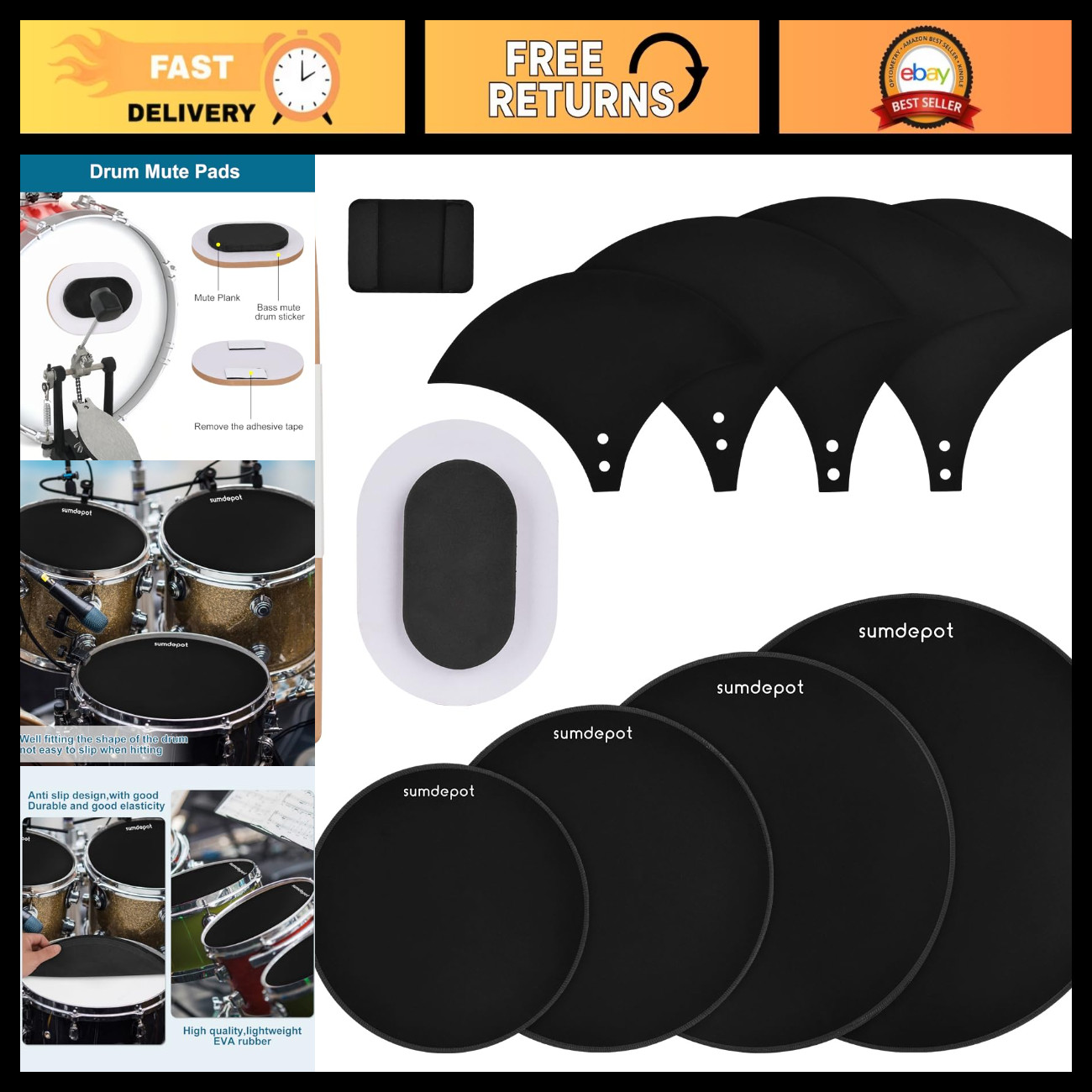 11-Piece Drum Mute Pads Set with Cymbal & Hi-Hat Silencer Foam, Fits 10"-16