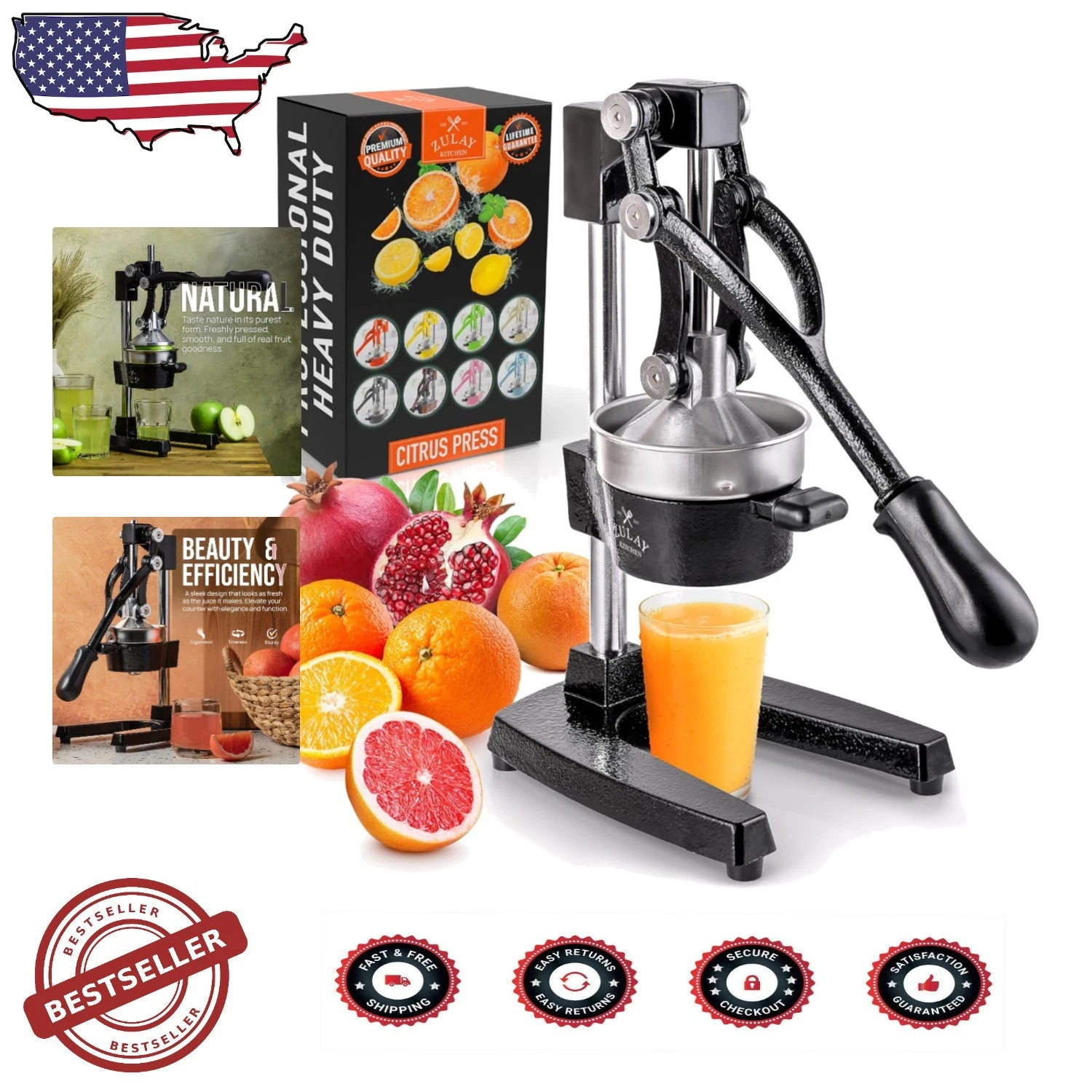 Professional Black Cast Iron Juicer - Easy Clean Stainless Steel Citrus Press
