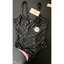 NWT Paris Hilton Kids Girls Black One Piece Swimsuit Stars Pink Lining UPF 50 