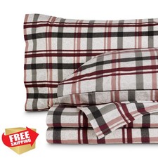 Bare Home Twin XL Cotton Flannel Sheet Set, Nordic Plaid, Deep Pocket