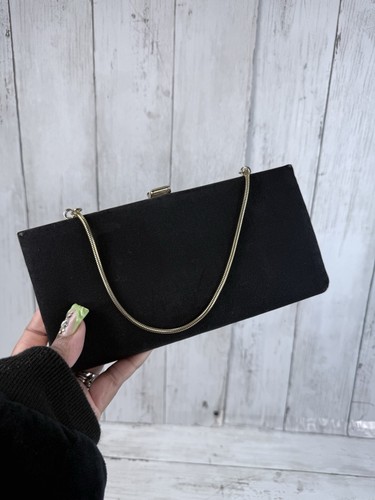 Vintage 80s Black & Gold Chain Strap Fabric Clutch Evening Wear Rectangle Small - Picture 6 of 12