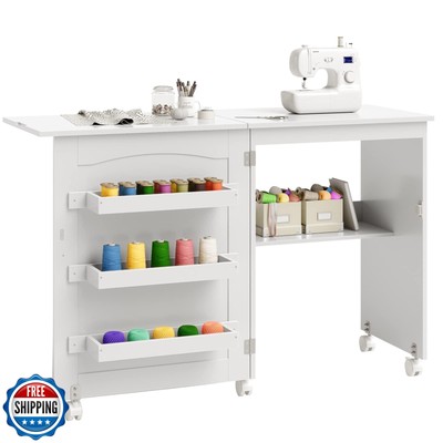 Giantex Folding Sewing Craft Table, Sewing Cabinet with 3 Storage Bins and Sh