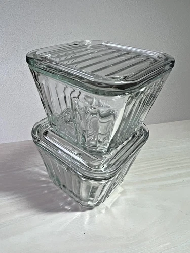 2 Anchor Hocking 1932 Vtg Design square glass refrigerator dish * excel cond *