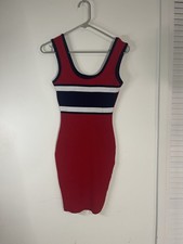 Windsor Red Navy White Ribbed Knit Scoop Neck Sleeveless Short Bodycon Dress L