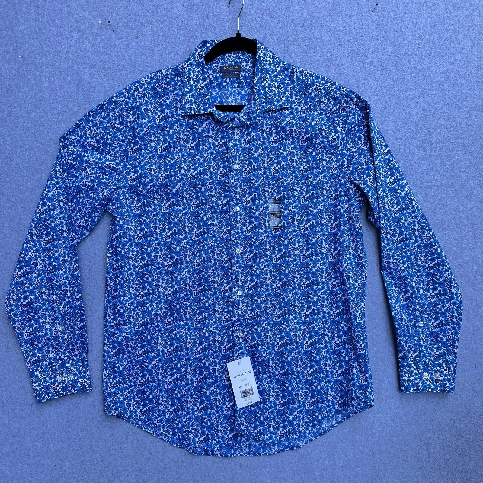 Madison Shirt Mens Large Dawn Blue Slim Fit Dynamic Cooling Floral Button Up