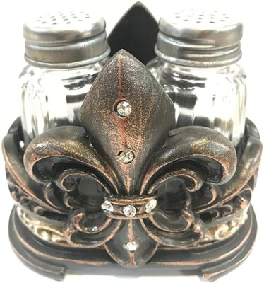 Fleur De Lis Salt & Pepper Shakers - Poly-resin Holder With Glass Shakers