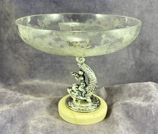 Antique Silver Plate Tazza Compote Boy Riding Dolphin White Stone - Chinoiserie