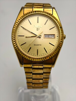 #ad Vintage Men#x27;s Pulsar 459739 Gold Tone Day Date Stainless Steel Quartz Works $32.00