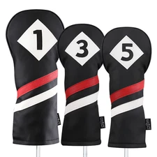 Majek Retro Golf 1 3 5 Driver & Woods Headcover Black Red White Leather Style