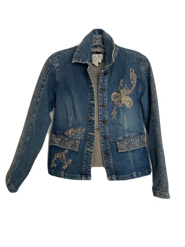 Live A Little Women's Denim Jacket Medium Wash Embroidered Size Small