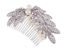 Elegant Faux Pearl Silver Tone Crystal Rhinestone Leaves Bridal Hair Comb