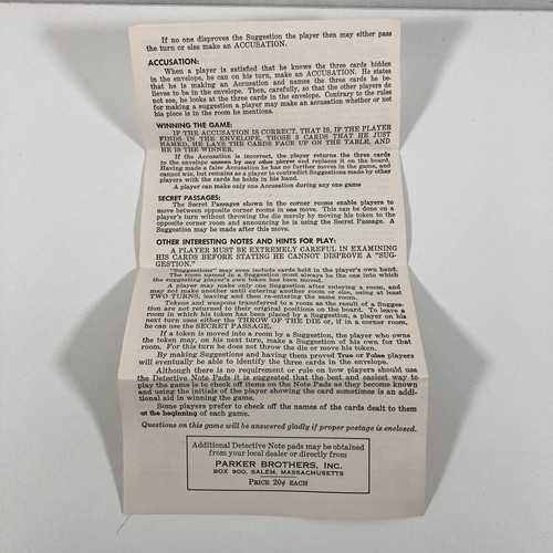 Vintage Original RULE For Playing CLUE Board GAME Parker Brothers 1949 1950 - Picture 2 of 2