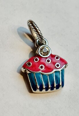 BRIGHTON ABC Puffy Cupcake Charm Retired Silver Enamel Finish w/ Crystal EUC