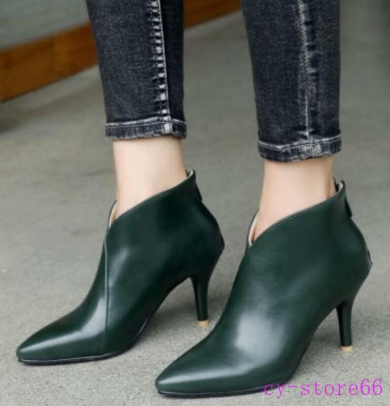 Womens Pointy Toe Ankle Boots Kitten Heel Zip Shoes V-cut Oversize