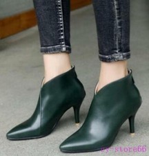 Womens Pointy Toe Ankle Boots Kitten Heel Zip Shoes V-cut Oversize 46/47/48