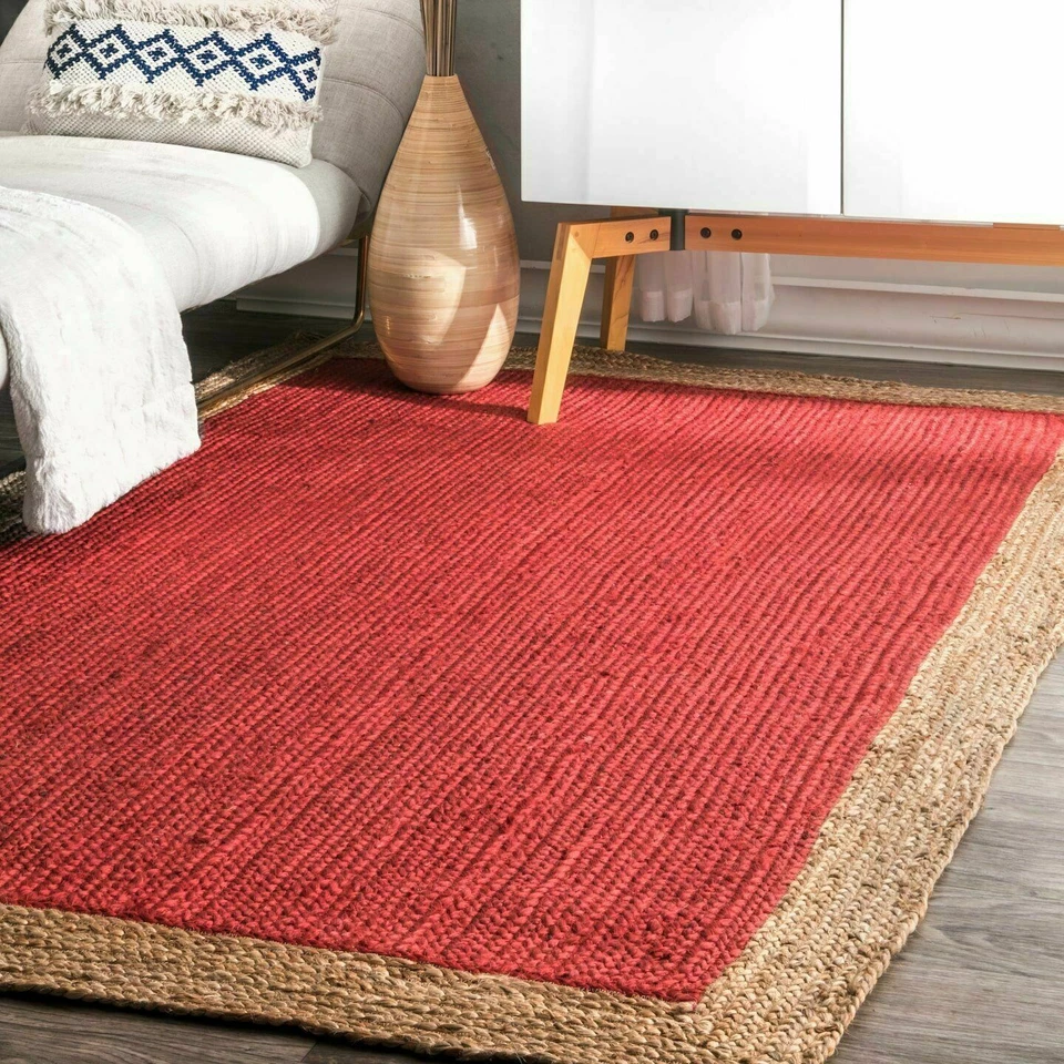 Square Rug Red Dye Rug Farmhouse Area Rug Hand Woven Rustic Look Natural Jute - Image 2 of 4