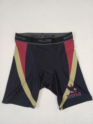 Rudis Mens Wrestling Shorts XL Logo Eagle Elastic Black Mustard Red Compression 