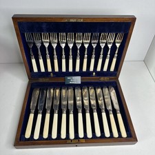 Antique Edwardian 24 piece Silver Plated Fish cutlery Set - Silver Mounts