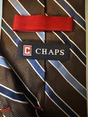 Chaps Repp Necktie Tie 100% Silk Brown Blue White Diagonal Stripes 57x3.5