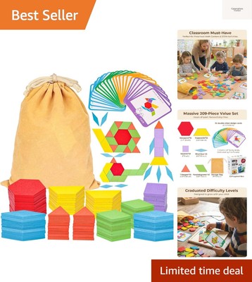 209 PCS Shapes Wooden Pattern Blocks for Kids, Geometric with Activity Cards ...