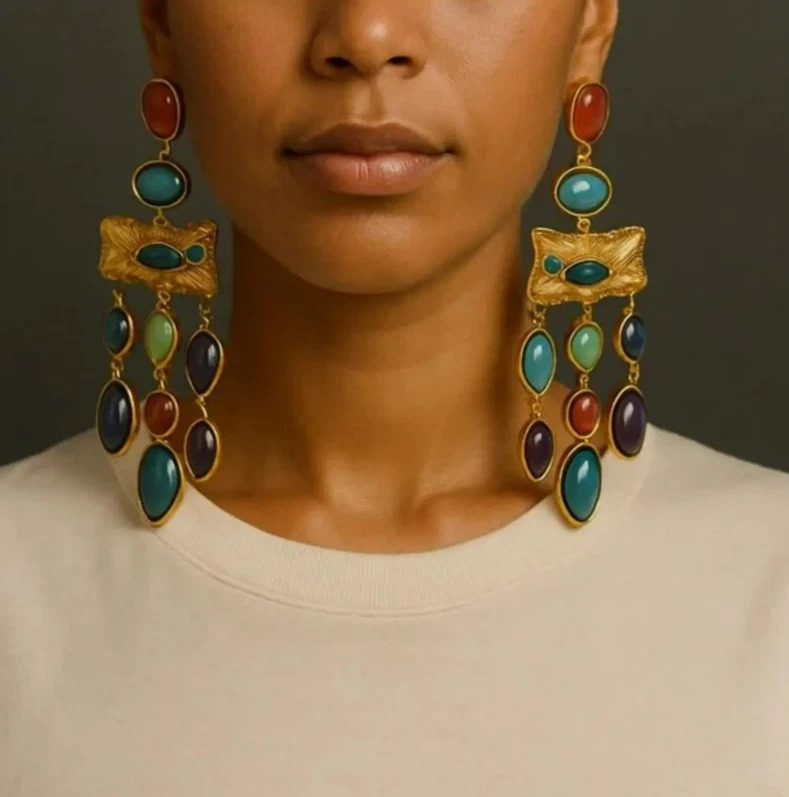 Pendientes llamativos vintage boho multicolor dorado | Regalo de cumpleaños | Resort Vacatio Foto 3 de 4