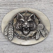 Bergamot Wolf Dreamcatcher Pewter Belt Buckle 3" Vintage 1994 USA