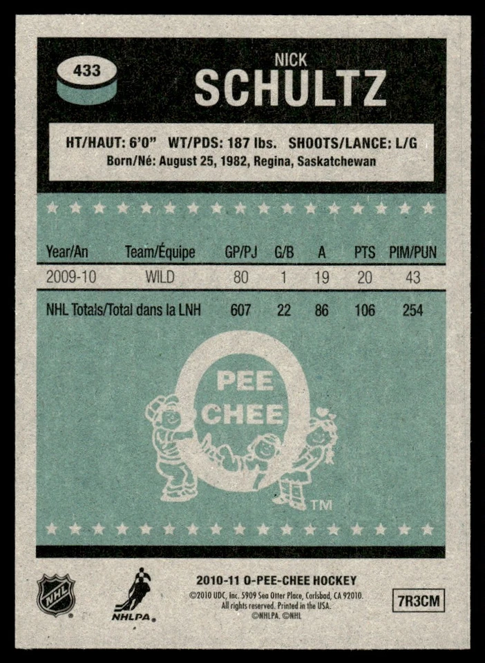 2010-11 O-Pee-Chee Retro Nick Schultz Minnesota Wild #433 - Image 2 of 2