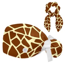 Bouffant Scrub Caps Women Bow Giraffe Print Surgical Button Ponytail Pouch Cap