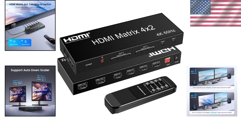4x2 HDMI Matrix Switch Splitter 4K@60Hz with Remote Control & Audio Extraction - Image 2 of 4
