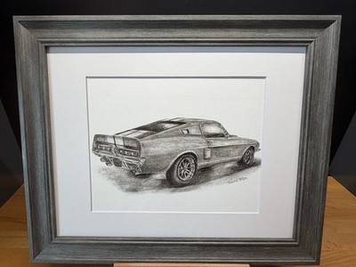 Drawing of a 1968 Ford Mustang Fastback Graphite Pencil Art Sketch Picture Print