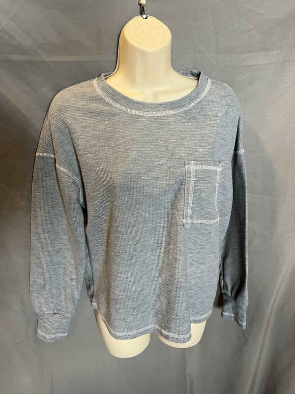 NWOT Shein Waffle Knit Top Long Sleeve Thermal Gray Pocket Womens SZ S
