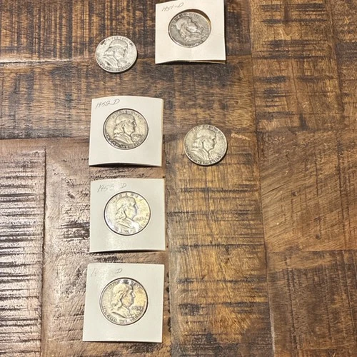 6 Franklin Half Dollars 1951-1954 Denver Mint 90% Silver Circulated Lot