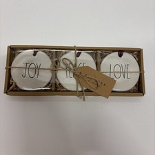 Rae Dunn Ceramic Christmas Ornaments JOY PEACE LOVE Set of 3 Flat 3" Round White