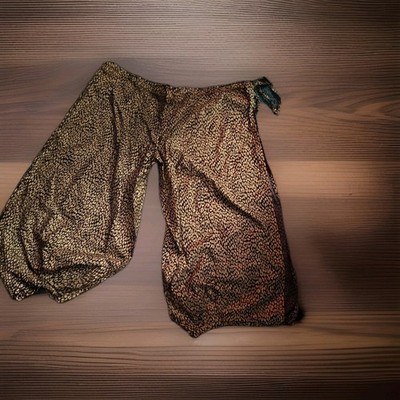 Viking-Style Open-Leg Pants Gold And Black Cheetah Pattern Ties At Waist & Ankle