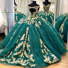 Emerald Green Gold Lace Applique Quinceanera Dresses Mexican 15 16 Ball Gowns