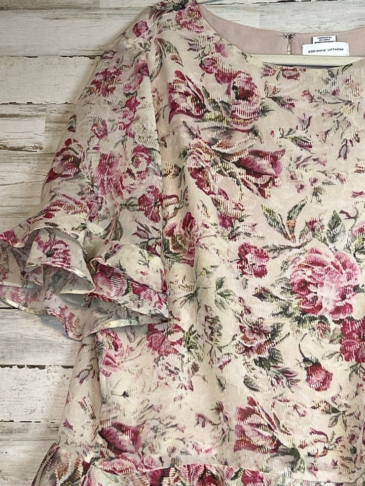 Adrienne Vittadini Womens L Ivory Pink Floral Ruffle Blouse Top ...