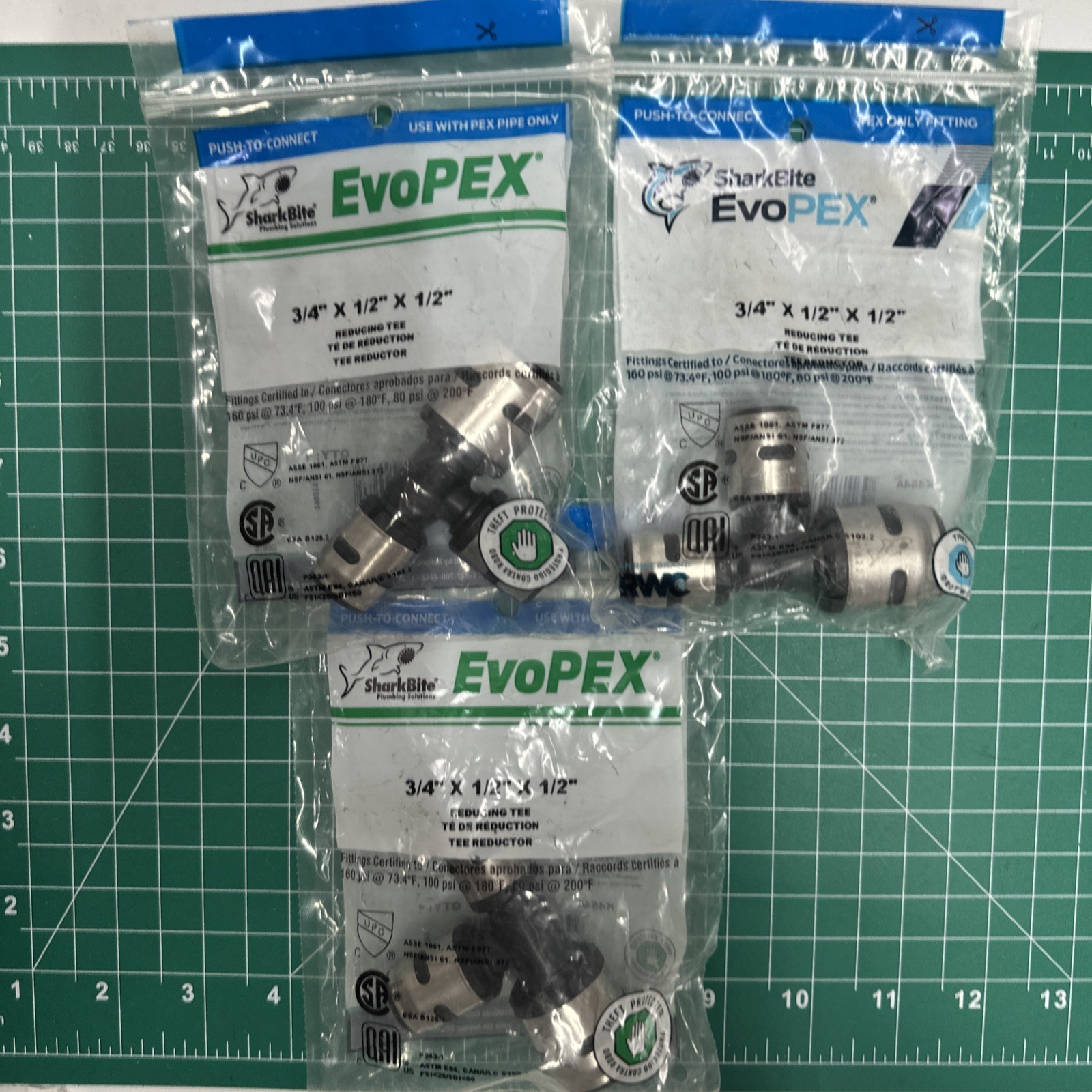 3-pack lot SharkBite EvoPEX 3/4"x1/2”x1/2" Push to Connect Reducing Tee Fitting