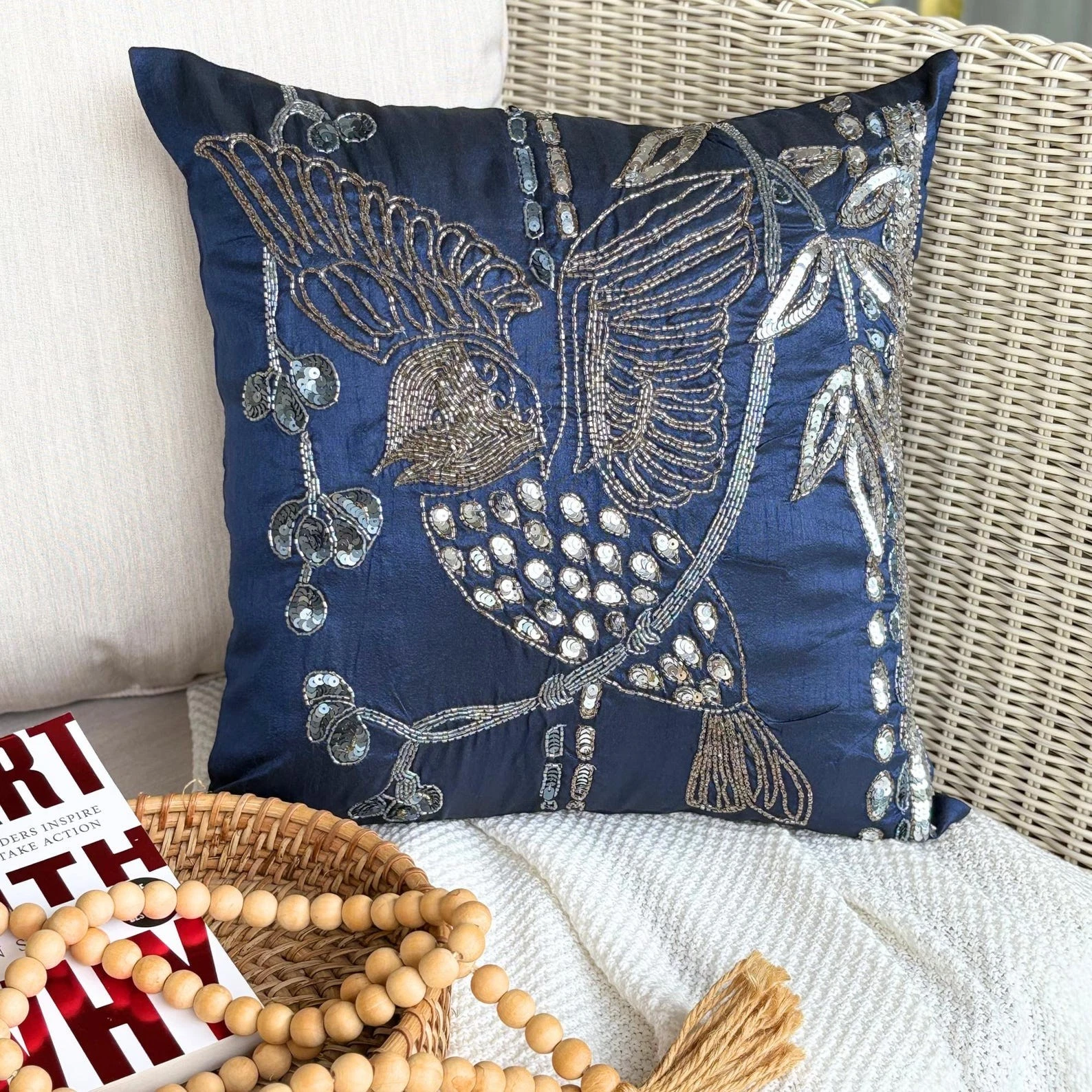 Decorative Pillow Cover Blue 16"x16", Bed Decor Silk Fabric - Birdy Flight