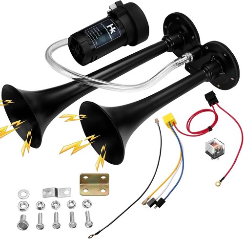150db Dual Trumpet Air Horn Kit with Compressor for 12V Vehicles, Black