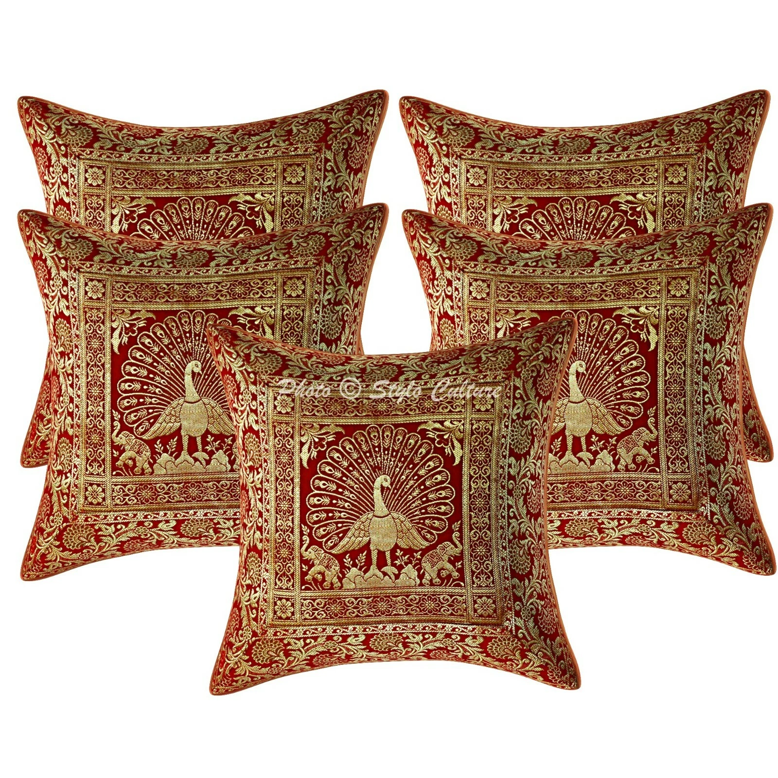 Boho Cushion Covers Red 40 x 40 cm Jacquard Brocade Peacock Throw Pillow Covers