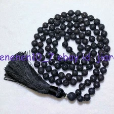 6/8/10/12mm Natural Black Lava Rock Gems 108 Prayer Beads Tassel Necklace Z1563