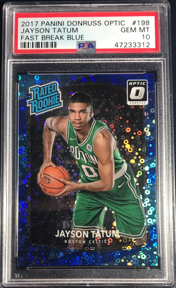 Jayson Tatum 2017 Donruss Optic RC Fast Break Blue /50 PSA 10 Gem Mint #198