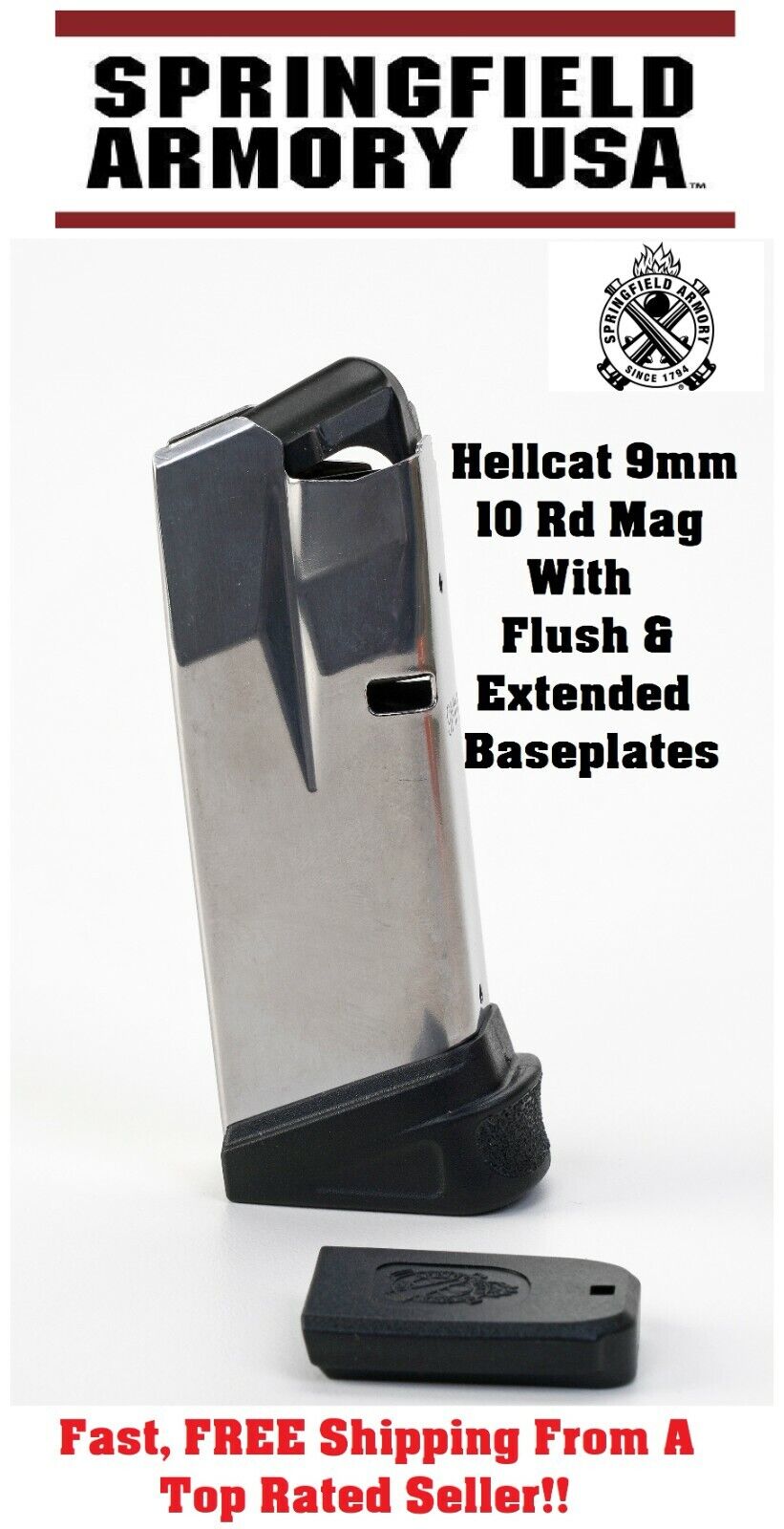Springfield Armory Hellcat 10 Round Magazine/Clip Extended & Flush Baseplate -1H