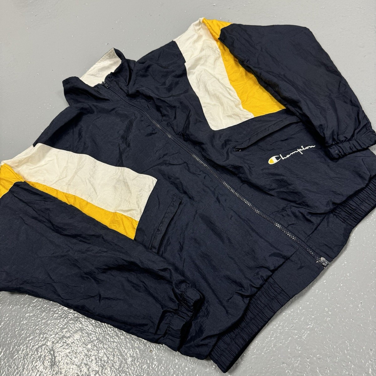 Vintage 90s Champion Windbreaker Track Jacket Full Zip Navy Vintage 90s Champion Windbreaker Track Jacket Full Zip Navy