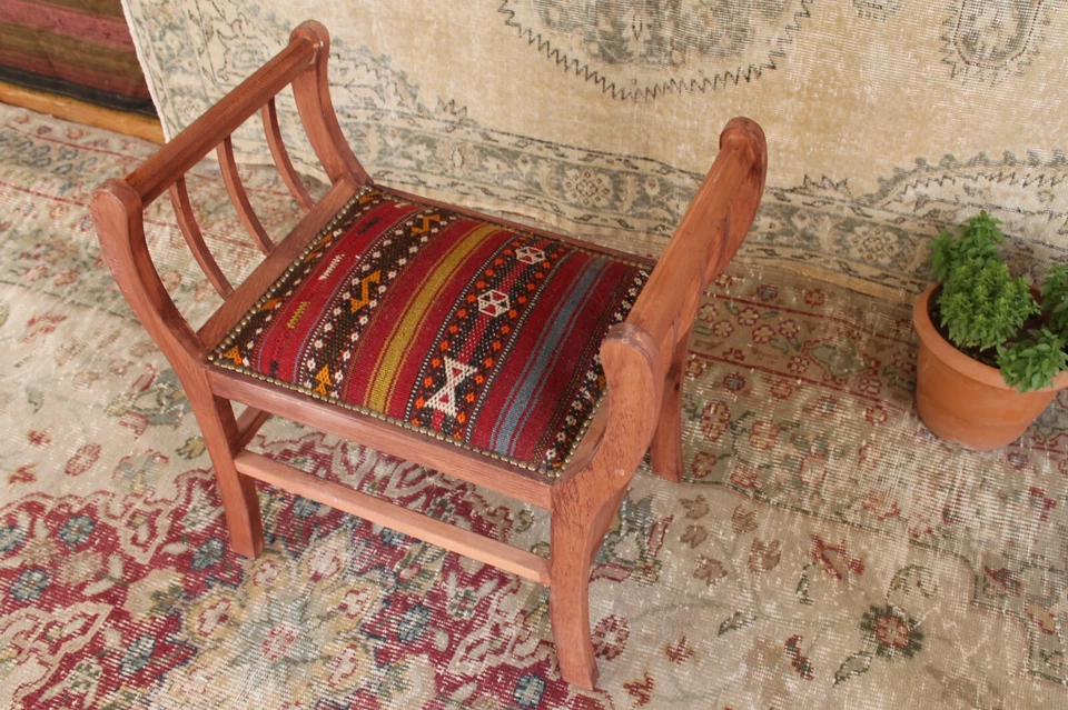 Turkish Vintage Kilim Bench Handmade Wooden Ottoman Boho Decor Upholstered Seat - Image 4 of 4